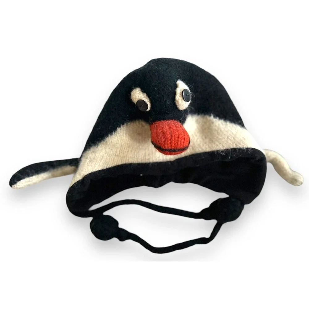 Hand Knitted Nepal Penguin Hat Wool Children S/M Fleece Lined